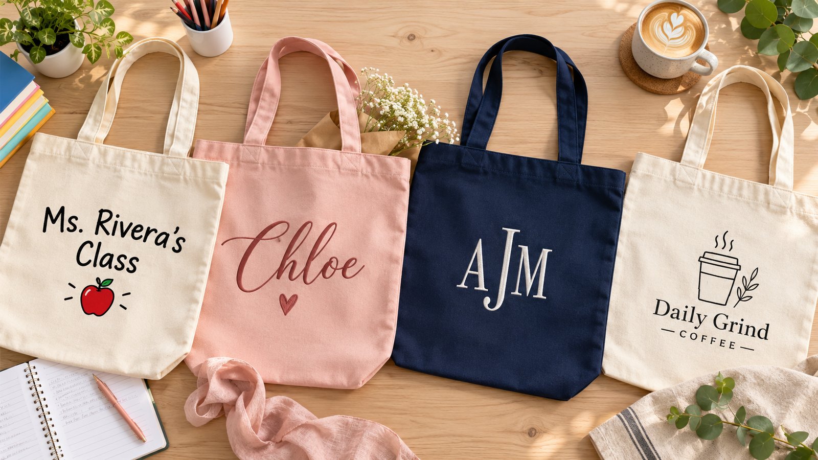 Personalized tote bags: a teacher tote with a name and apple, a bridesmaid tote with a name, a monogram tote and a small business logo tote