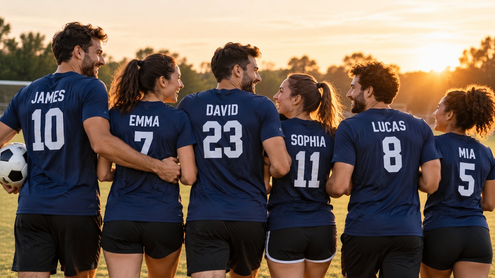 A team wearing matching personalized t-shirts with their names and numbers