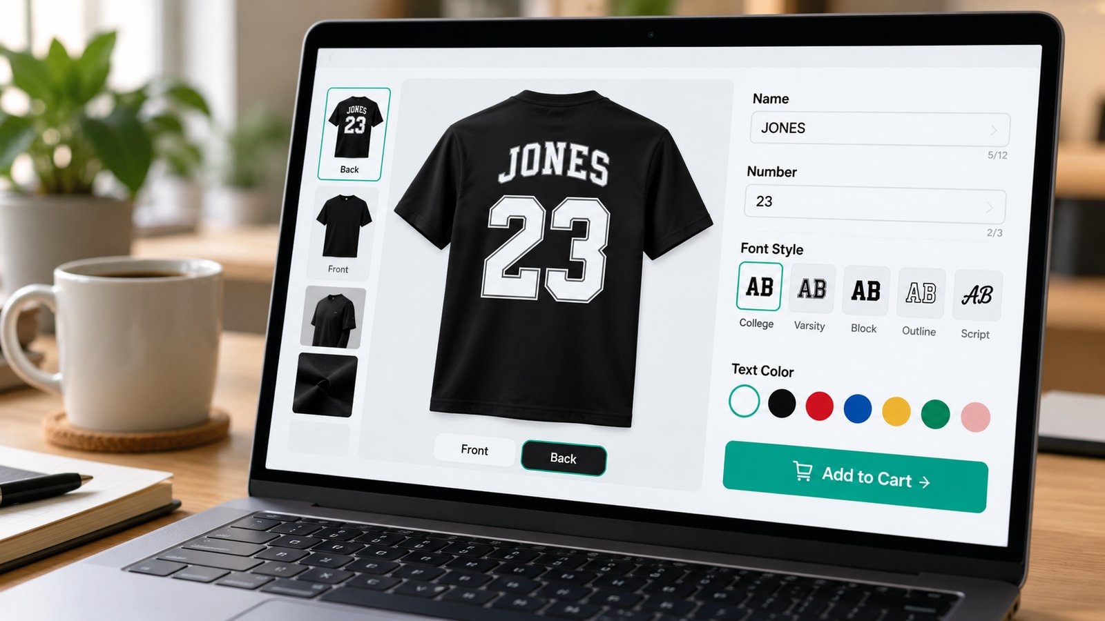A Shopify product page for a custom t-shirt with a name and number field, font choices and a live preview of the shirt front and back