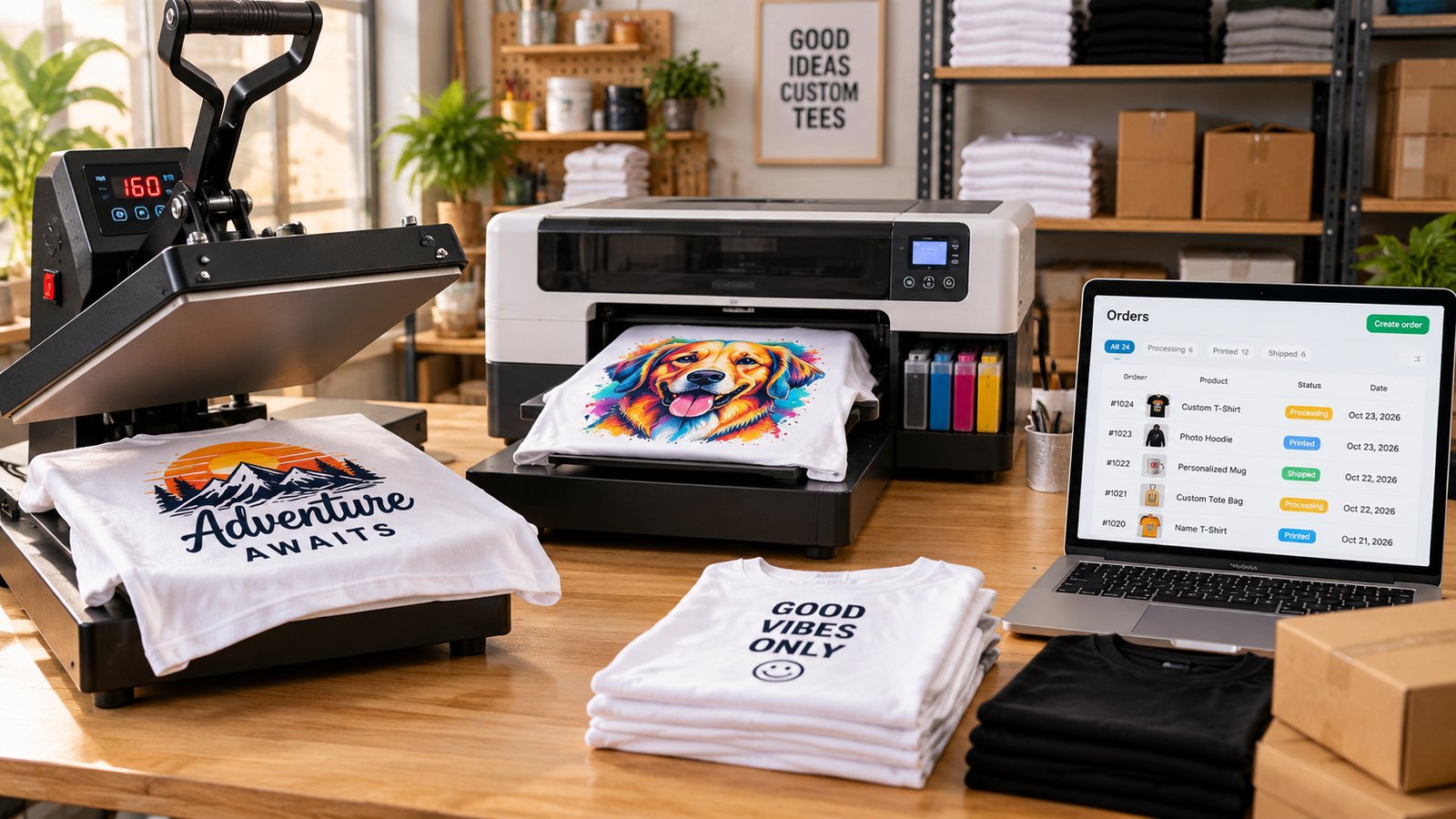 Print-on-demand vs in-house t-shirt printing: a heat press, a DTG printer and a print-on-demand order on a laptop