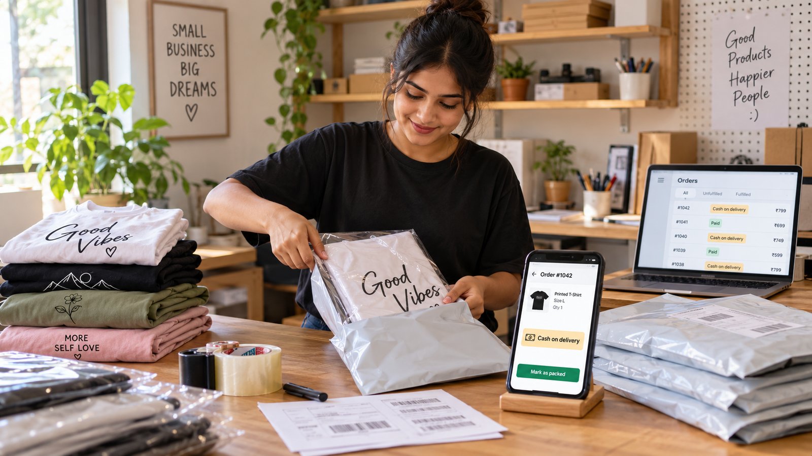 An Indian online seller packing printed round-neck t-shirts into courier bags at a home workspace, with a phone showing an order marked cash on delivery
