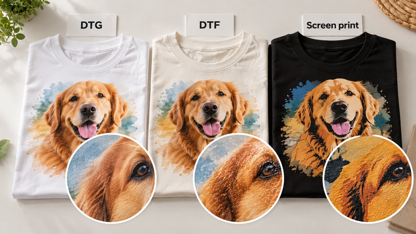 Three t-shirts laid side by side on a table, labeled DTG, DTF and screen printing, with close-ups of each print texture