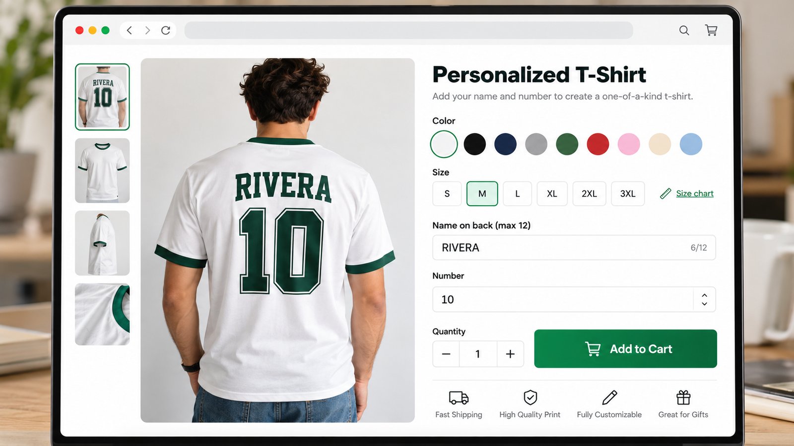 A Shopify product page for a personalized t-shirt with size and color buttons, a size chart link, a name field with a character counter and a live preview of the name on the back
