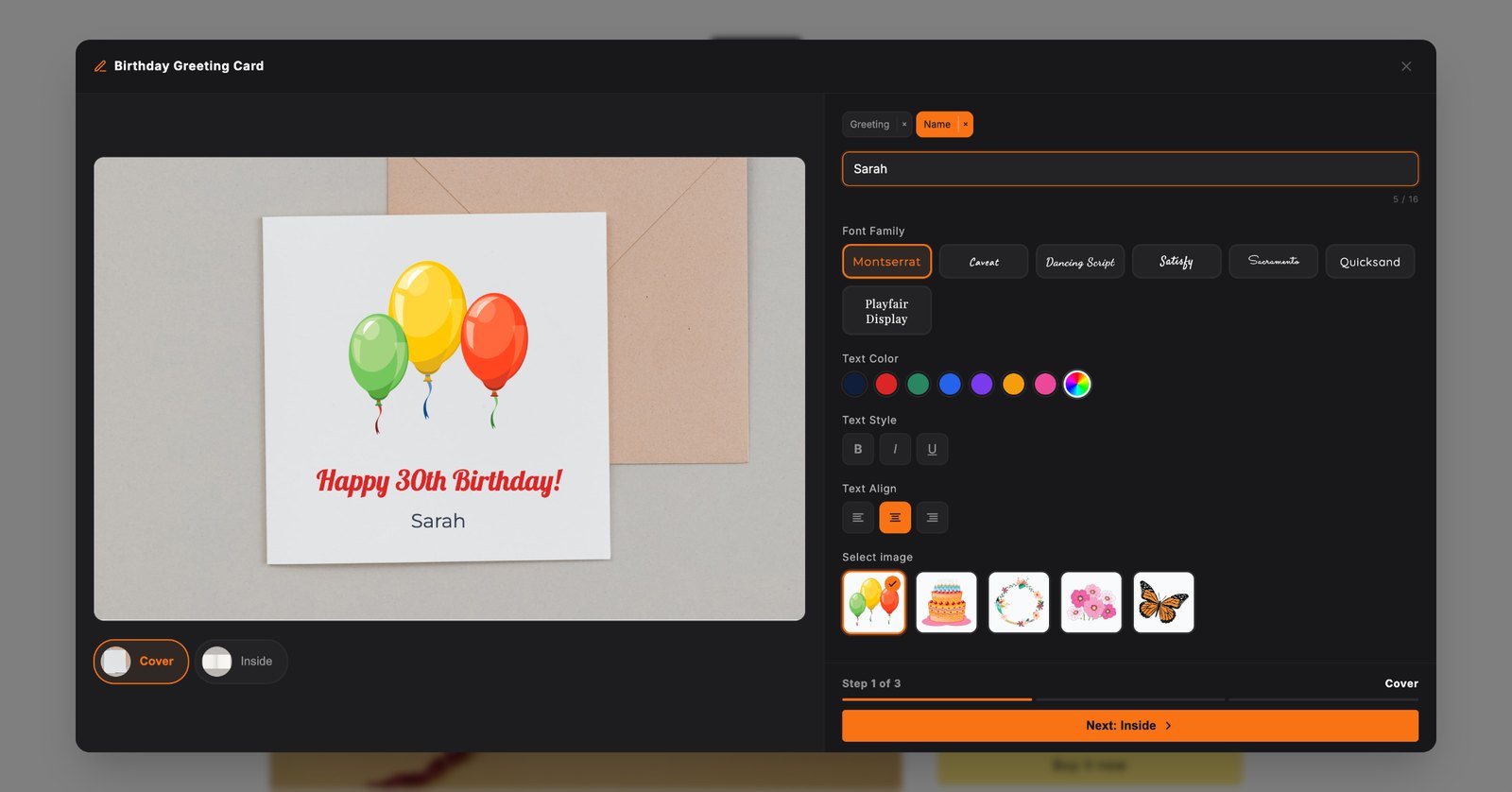 PIMW Product Personalizer on a Shopify store: a shopper designing a birthday card cover with Happy 30th Birthday and the name Sarah, with font, color, style and clipart controls and Cover and Inside view tabs