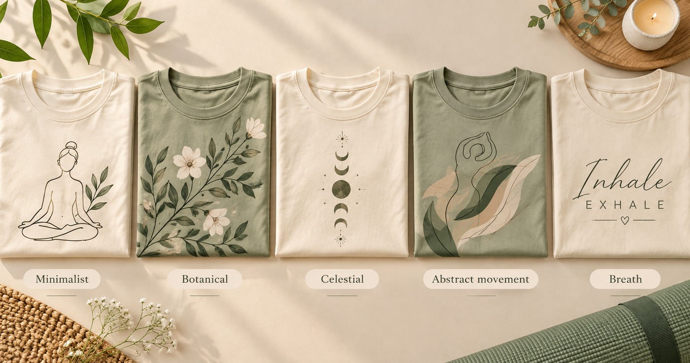Five folded T-shirts showing yoga design styles: minimalist line-art meditation figure, botanical leaves, celestial moon phases, abstract movement and Inhale Exhale typography