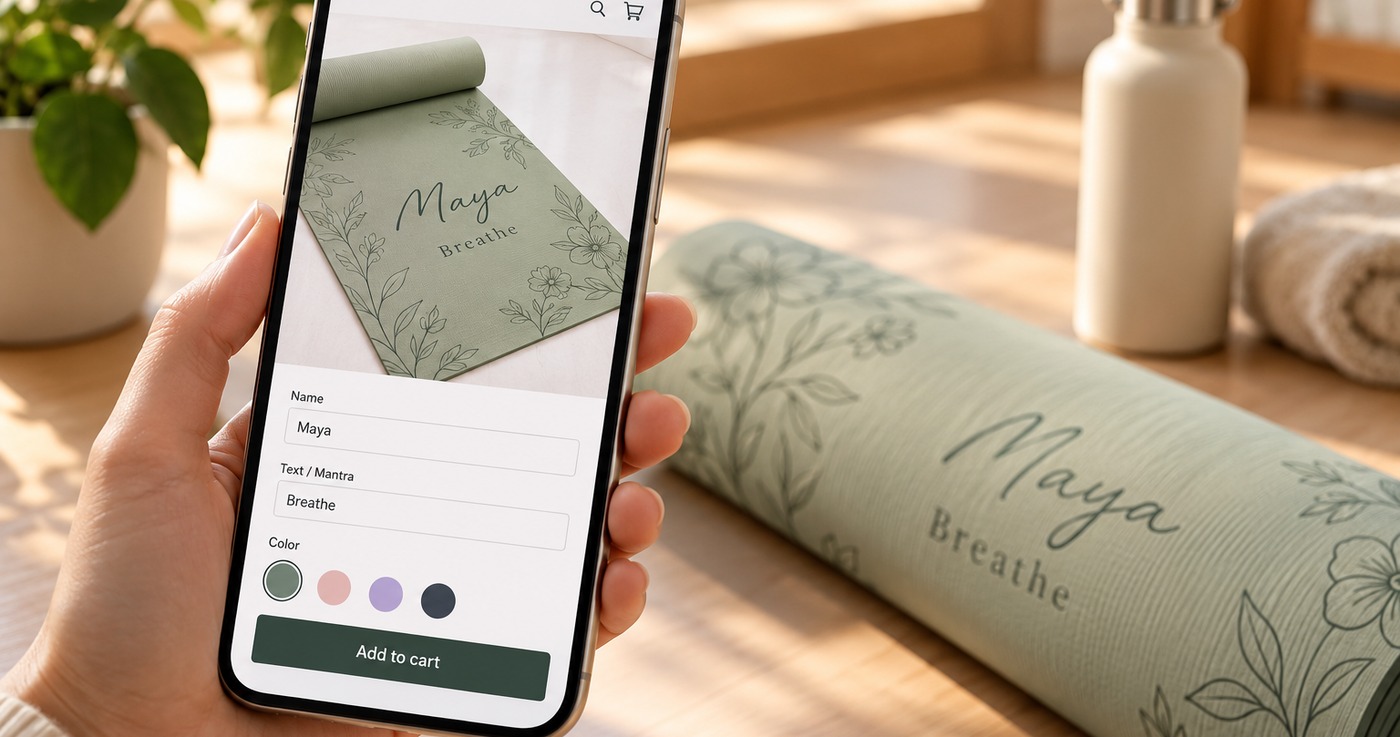 Phone showing a sage yoga mat being personalized with the name Maya and the mantra Breathe, next to the finished rolled mat and a water bottle