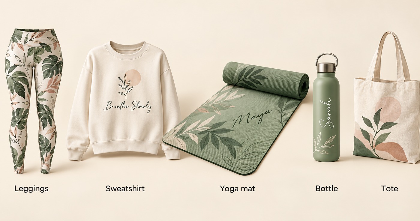 Yoga product lineup: botanical leggings, a Breathe Slowly sweatshirt, a sage yoga mat printed with Maya, a bottle printed with Sarah and a botanical tote