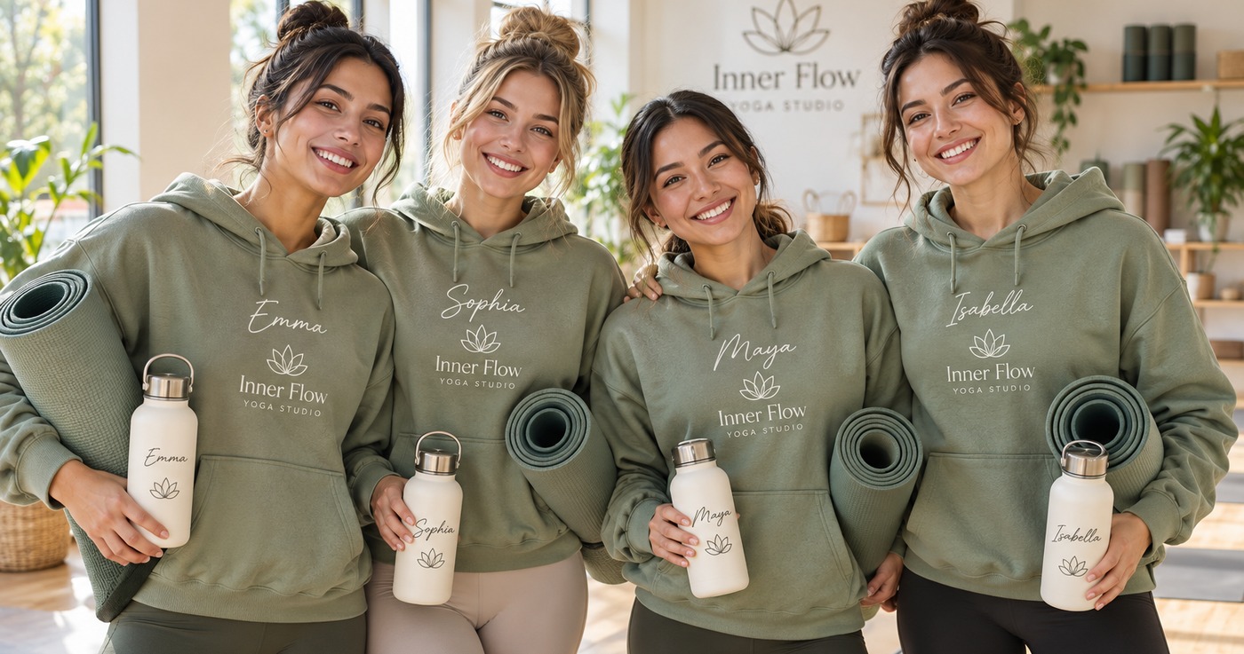 Four yoga instructors at Inner Flow Yoga Studio in matching sage hoodies printed with their names Emma, Sophia, Maya and Isabella, holding personalized bottles and rolled mats