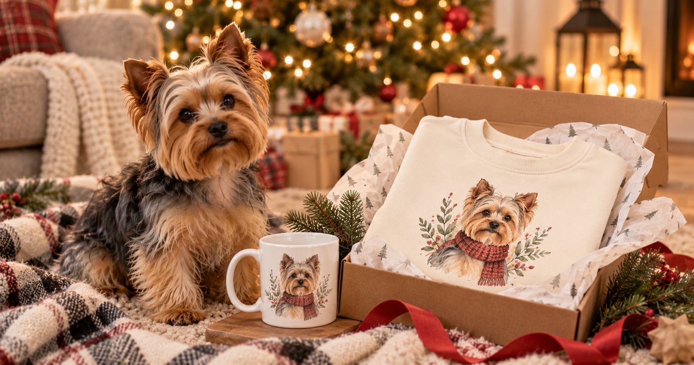 Yorkshire Terrier beside a Christmas gift box holding a sweatshirt and a mug printed with a Yorkie in a red scarf