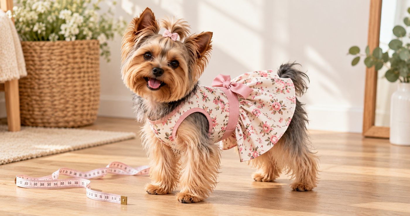 Yorkshire Terrier wearing a pink floral dress next to a measuring tape
