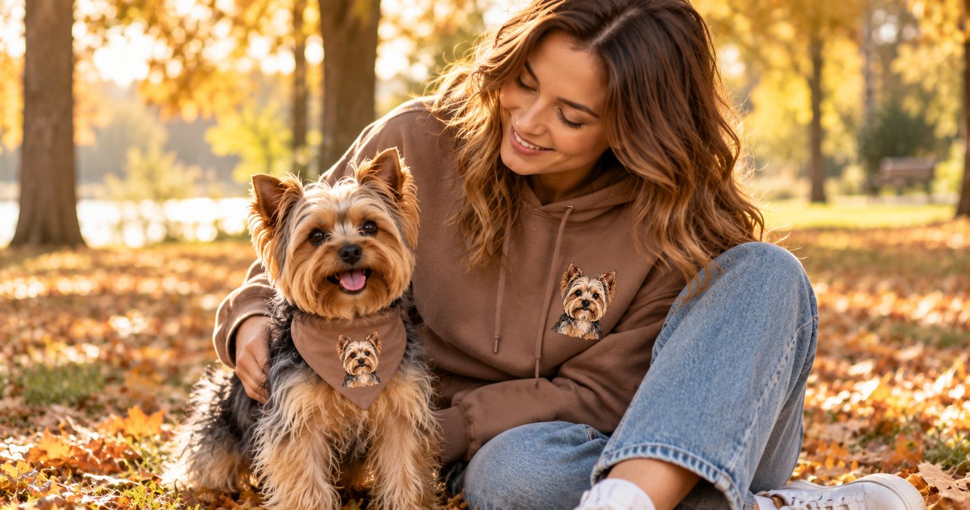 Woman in a brown hoodie and her Yorkie in a matching bandana, both printed with the same Yorkie illustration, in an autumn park