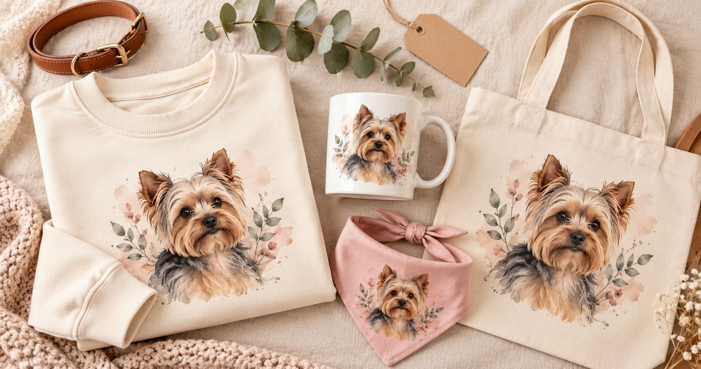 Flat lay of a cream sweatshirt, mug, tote bag and pink bandana printed with the same watercolor Yorkie portrait